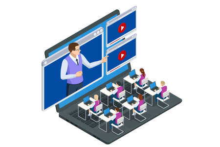 Isometric concept of distance school learning. E-learning, online education at home. Digital classroom online educationのイラスト素材