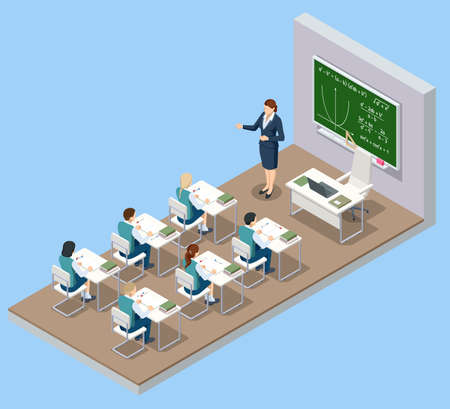Isometric school classroom. Group of school kids with teacher sitting in classroom. Education. Classroom design with modern desks, seats and blackboard. Back to school concept.のイラスト素材