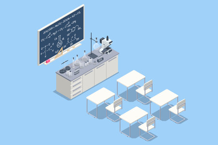 Isometric Analysis Lab, Chemical Laboratory Science. Chemistry studying online service or platform set. Chemistry lesson.のイラスト素材