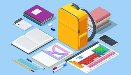 Isometric school elements, many school supplies. Children s subjects for study. Ready to study.のイラスト素材