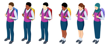 Isometric set of Schoolkids of different nationalities. Children of different nationalities.のイラスト素材