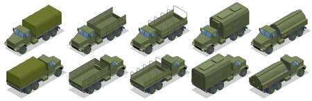 Isometric military heavy truck. Military green army vehicle isolated military heavy truck on white backgroundのイラスト素材