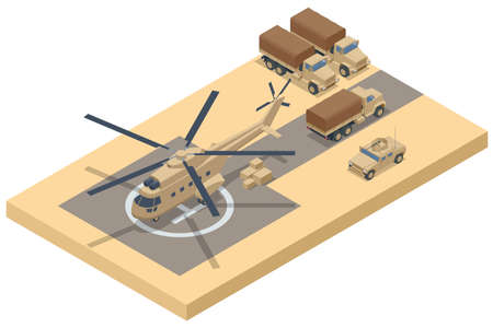 Isometric military helicopter on the runway and military trucks. Military Aviation Air Forceのイラスト素材
