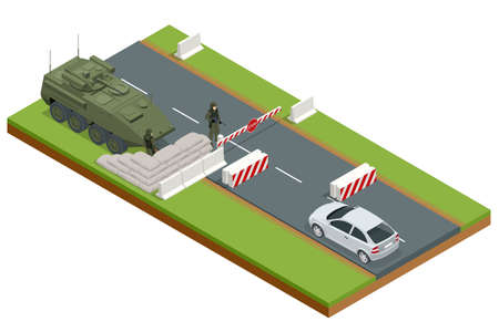 Isometric military Roadblock on the road, checkpoint, military barriersのイラスト素材