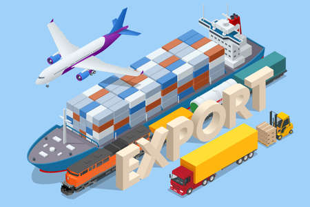 Global logistics network isometric , Ocean Freight, Global network, Shipping expertise, End-to-end services, Smart technology concept with global logistics partnershipのイラスト素材