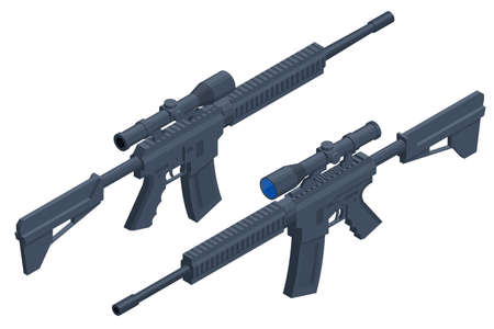 Isometric Modern automatic rifle and a collimator sight isolate on a white background. Tactical submachine gun.のイラスト素材