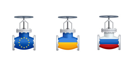Transportation, delivery, transit of natural gas or petroleum on pipeline between supplier and importer. Gas control equipment. Natural gas supplies. Oil gas industry sanctions, embargoのイラスト素材