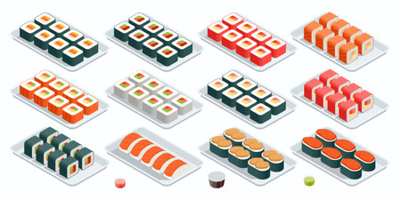 Isometric Sushi Rolls with Salmon, Avocado, Cream Cheese. Seafood Set Isolated Rolls on White Background. Sushi Menu. Japanese Food.のイラスト素材