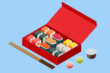 Isometric Sushi Rolls with Salmon, Avocado, Cream Cheese. Seafood Set Isolated Rolls on White Background. Sushi Menu. Japanese Food.のイラスト素材