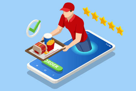 Isometric fast food delivery app on a smartphone. Ordering take away food online on a smartphone. Food Mobile Booking, Restaurant and Cafe Food Online Orderingのイラスト素材