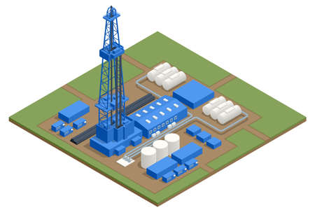 Isometric oil and gas production in nature concept. Gas flare at an oil refinery. Oil gas industryのイラスト素材