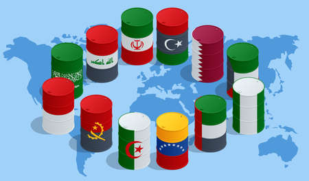 Isometric Organization of the Petroleum Exporting Countries, OPEC. Oil production. Oil barrels in color of flags of countries memebers of OPEC on world political mapのイラスト素材