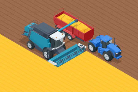 Grain harvesting combine. Combine harvester harvests ripe wheat. Agriculture concept. Reaping, threshing, gathering, and winnowingのイラスト素材