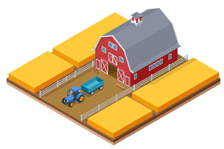 Isometric Farm building with agricultural tractor, cultivated fields. Agriculture wheat field.のイラスト素材