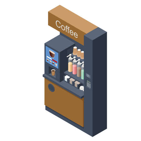Isometric self-service coffee machines offer consistent quality coffee. Vending machine with coffee in the supermarket.のイラスト素材