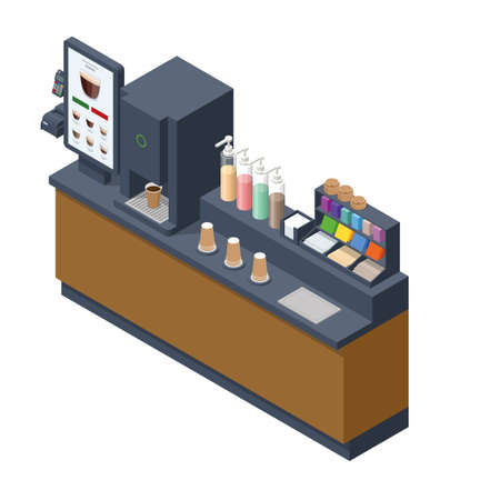 Isometric self-service coffee machines offer consistent quality coffee. Vending machine with coffee in the supermarket.のイラスト素材