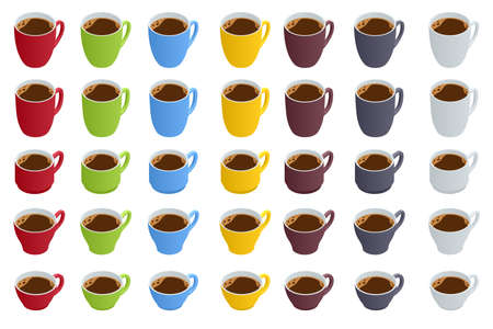 Isometric different types of cups of coffee or tea. Coffee types set, isolated illustration.のイラスト素材