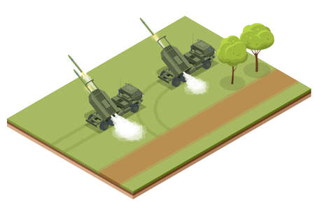 Isometric rocket salvo fire system on a wheeled landing gear. Rocket artillery. Tactical ballistic missile. War. Light multiple rocket launcher developedのイラスト素材