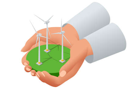 Isometric Green energy industry. Wind turbines generating electricity Sustainable renewable power. Wind Turbines Farm.のイラスト素材