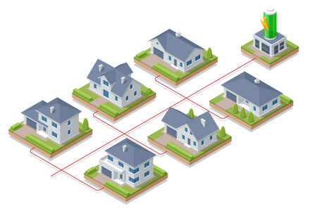 Isometric high voltage electric power transmission grid. Generates electricity. Renewable energy smart power grid system.のイラスト素材