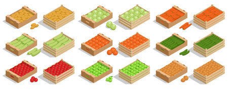 Fresh vegetable and fruits. Isometric fruits and vegetables in wooden boxes isolated on whiteのイラスト素材