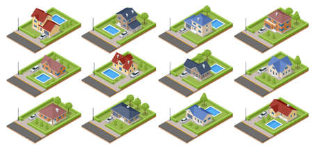 Isometric set of private houses, villas or cottage. Cottage, small town, house, swimming poolのイラスト素材