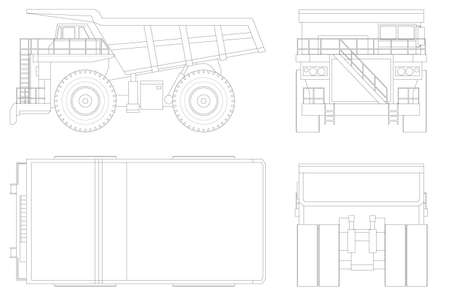 Large quarry dump truck template in outline on white background. Equipment for the high-mining industry. View front, rear, side and top. All elements in groupsのイラスト素材