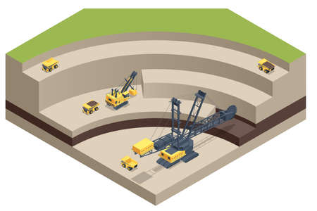 Isometric mining quarry, mine with large quarry dump truck and Bucket-wheel excavator. Coal mine....