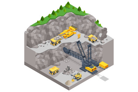 Isometric mining quarry, mine with large quarry dump truck and Bucket-wheel excavator. Equipment for high-mining industry. Bucket-wheel excavator mining lignite.のイラスト素材