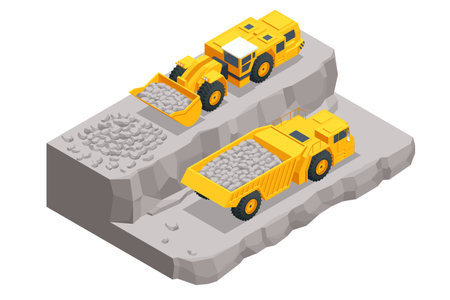 Isometric mining quarry, heavy-duty truck and a mining excavator. Factories or industrial plants, heavy industry. Underground loader, excavator.のイラスト素材