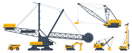 Quarry Mining Machines. Bucket Wheel Excavator, Dragline Excavator, Dragline Excavator, Track Drilling Machine, Biggest Hydraulic Mining Excavator Large Quarry Dump Truck. Mining industry. Side Viewのイラスト素材