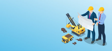 Isometric mining quarry, mine with large quarry dump truck and power shovel. Coal mine. High-mining industry. Builders Looking at Plan.のイラスト素材