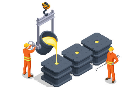 Isometric industrial steel production and metallurgy. Foundry metallurgy processes in factory workers. Hot steel pouring in steel plant Blast furnaceのイラスト素材