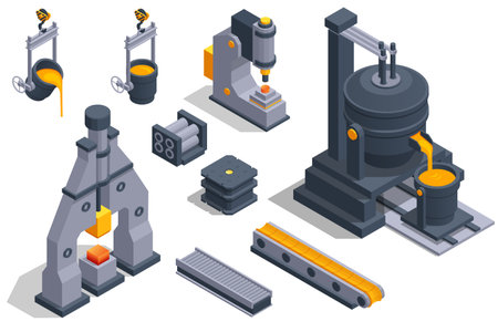 Isometric industrial steel production and metallurgy. Hot steel pouring in steel plant. Icons set with automated plant equipment. Blast furnaceのイラスト素材