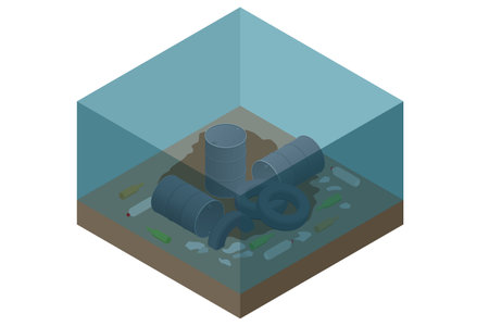 Isometric waste trash pollution in river, lake or ocean sea water and bottom. Water pollution at the bottom are tires, barrels, garbageのイラスト素材