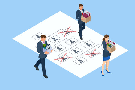 Isometric Layoffs and Dismissal. Workforce Reduction, Downsizing, Reorganization, Restructuring, Outsourcing. Unemployment, Jobless, Employee Job Reduction Metaphor. Sad Fired Office Worker with Boxのイラスト素材
