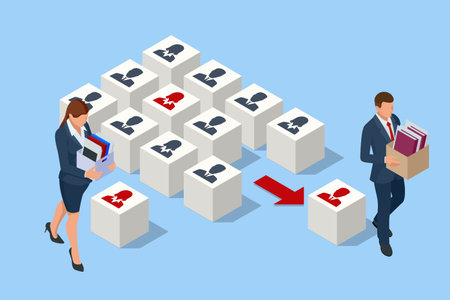Isometric Layoffs and Dismissal. Workforce Reduction, Downsizing, Reorganization, Restructuring, Outsourcing. Unemployment, Jobless, Employee Job Reduction Metaphor. Sad Fired Office Worker with Boxのイラスト素材