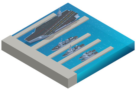 Isometric Naval base. A naval base, navy base, or military port is a military base, where warships and naval ships are docked when they have no mission at sea. Ships may also undergo repairs.のイラスト素材