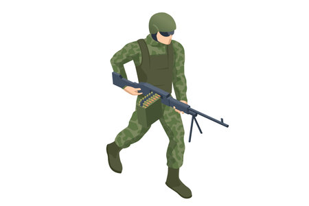 Isometric Special Forces Soldier Police, Swat Team Member. Army Soldier in Protective Combat Uniform holding Special Operations Forces Combat Assault Rifle. Army, military, peopleのイラスト素材