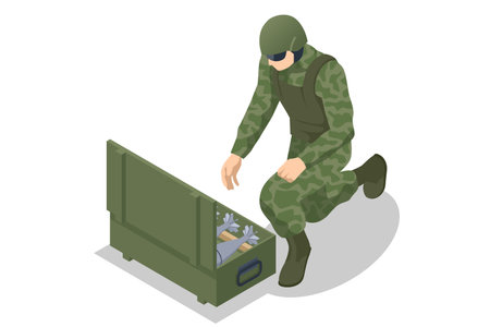 Isometric Special Forces Soldier Police, Swat Team Member. Soldier with grenades in a box on white background. Army, military and people conceptのイラスト素材