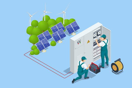 Isometric Electricity energy maintenance. Technician repair service of the powerline. Checking the operating voltage levels of the solar panel switchgear compartment.のイラスト素材