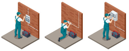 Isometric Electricity works set. Professional worker in the uniform repair electrical elements. Technician repair light and socket. Electric switchboards, transformers, distribution boards.のイラスト素材