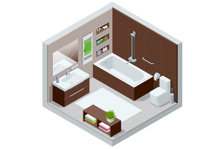 Isometric Modern bathroom interior with white toilet, mirror, sink and bathtub.のイラスト素材