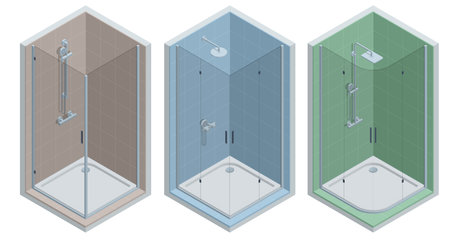 Isometric set of shower stall. Bathroom interior design with shower cabinのイラスト素材