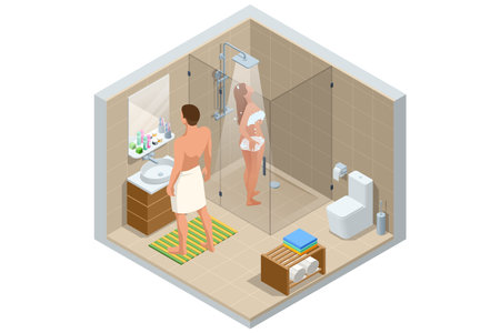 Isometric modern bathroom interior with a white toilet, mirror, sink, and shower cabin. Woman bathes in the shower, man in the bathroomのイラスト素材