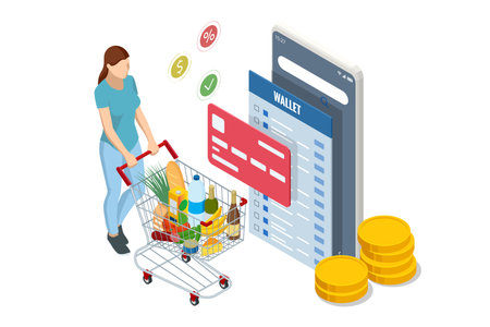 Isometric checking a grocery receipt, grocery shopping and expenses concept. Grocery supermarket, food and eats online buyingのイラスト素材