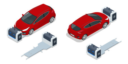 Isometric robot valet parking cars. Outdoor valet parking robot. Automated parking systems for carsのイラスト素材