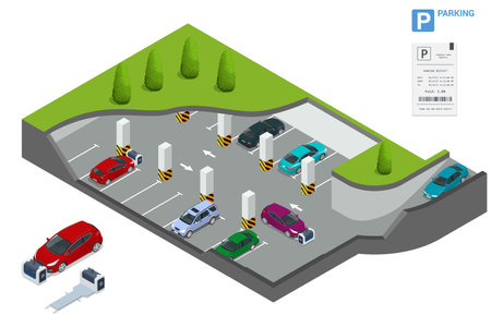 Isometric robot valet parking cars. Outdoor valet parking robot. Automated parking systems for cars Underground parking with cars. Indoor car park under house or office.のイラスト素材