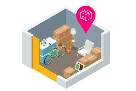 Isometric interior of a modern storage room for a warehouse of home appliances, lamps, armchairs, boxes, bicycles and other things. Warehouse of household items and interior elements.のイラスト素材