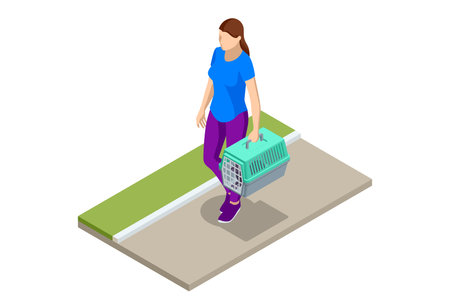 Cat in a soft carrier on the floor. Isometric woman is transporting a cat in a special plastic cage or carrying the bag for a walk or in a veterinary clinicのイラスト素材